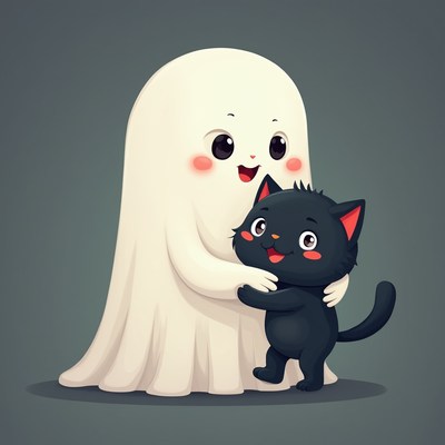 Cute ghost and black cat share a joyful moment together