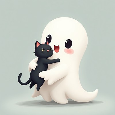 Cute ghost hugs a black cat in a playful scene