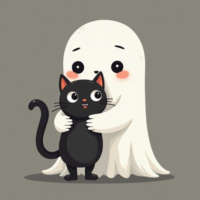 Cute ghost holds a black cat with a joyful expression
