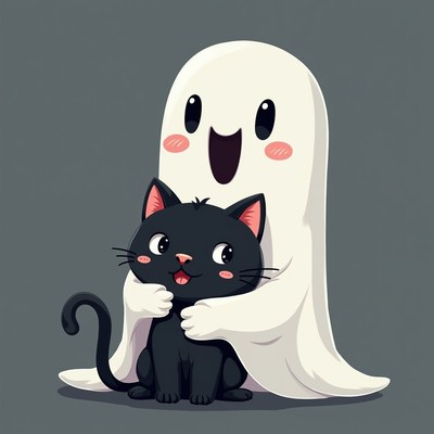 Cute ghost and black cat friendship in playful mood