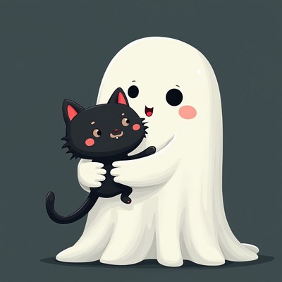 Friendly ghost holds a playful black cat in a fun scene