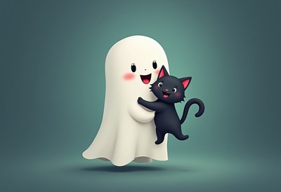 Cute ghost and black cat enjoying a playful moment