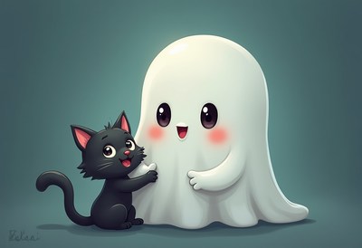Cute ghost and black cat share a joyful moment together