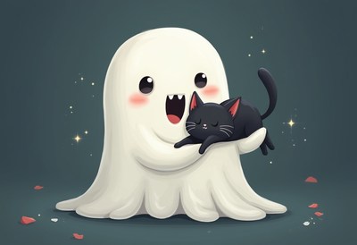 Cute ghost cuddles with a black cat in playful scene