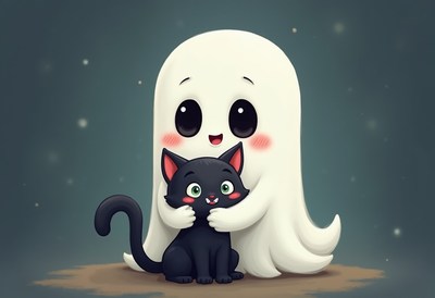 Cute ghost hugs a black cat in a playful scene