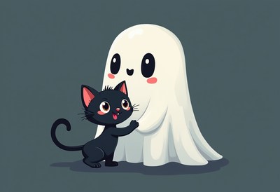 Cute ghost and playful cat enjoy halloween fun together