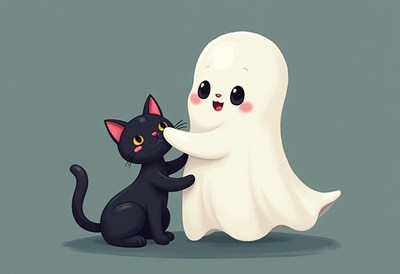 Cute ghost and black cat friendship in playful scene
