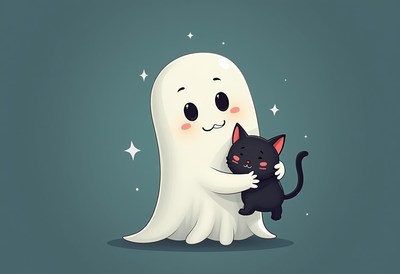 Cute ghost holding a black cat in a playful scene