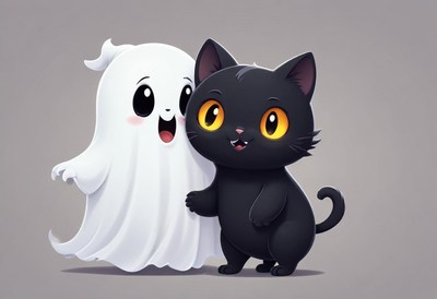 Friendly ghost and playful black cat together