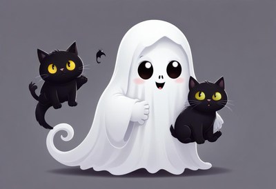 Cute ghost character with black cats for halloween fun