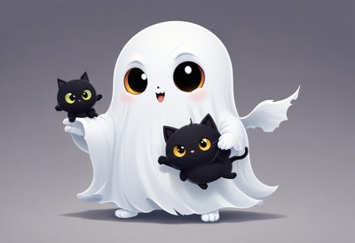 Cute ghost holding black kittens with big eyes