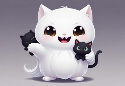 Cute cartoon cat holding two playful kittens