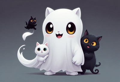 Cute ghost character with black and white cats together