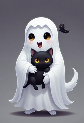 Cute ghost character holding a black cat and smiling