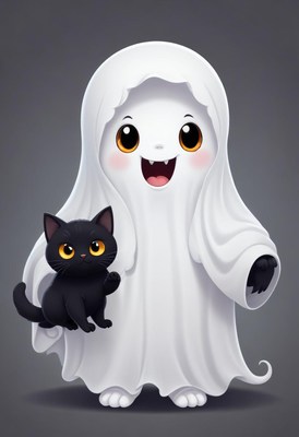 Cute ghost character with a black cat in a playful pose