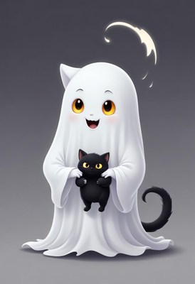 Happy ghost character holds black cat with joy