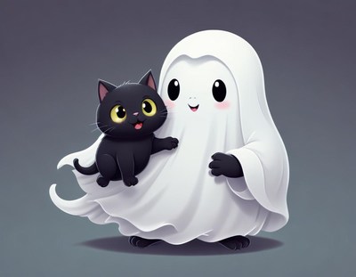 Cute ghost holds a playful black cat