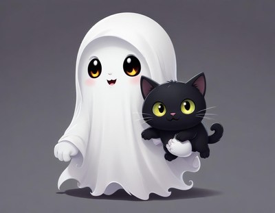 Cute ghost with a black cat in a playful pose