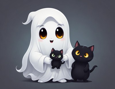 Cute ghost character holding black kittens together