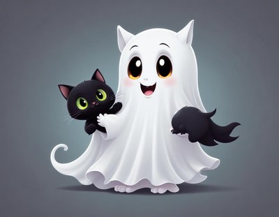 Friendly ghost holds a black cat and a shadow creature