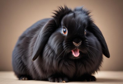 Fluffy black rabbit with ears and playful expression