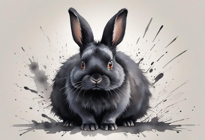 Black rabbit with expressive eyes on a splattered background