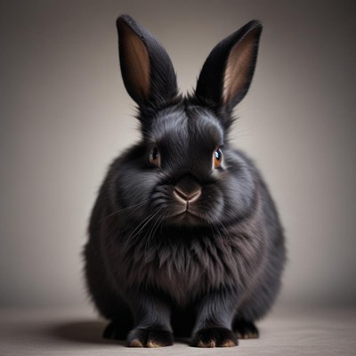 Black rabbit sitting calmly on a neutral background
