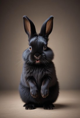 Cute black rabbit sitting on a neutral background