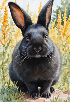 Black rabbit sitting in a field of yellow flowers