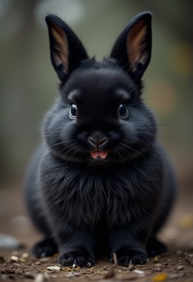 Cute black rabbit sitting in the forest during daylight