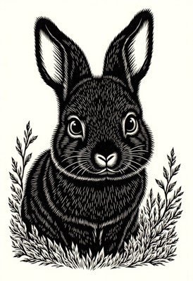 Cute black rabbit among green plants in detailed artwork