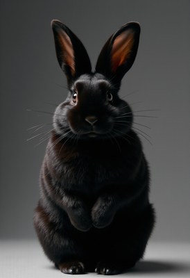 Black rabbit posing in front of a gray background