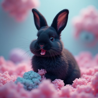 Cute black rabbit sitting on fluffy pink clouds