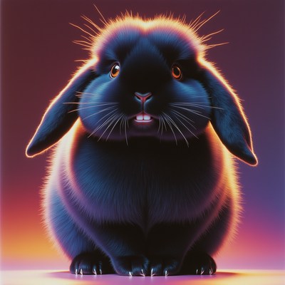 Curious black rabbit with bright eyes sits calmly