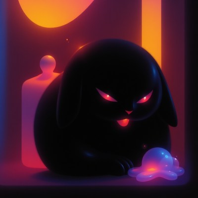 Mysterious black rabbit with glowing eyes in neon setting