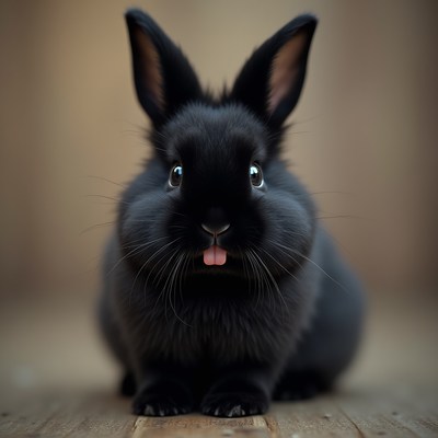 Black rabbit sitting on wooden surface with a curious look