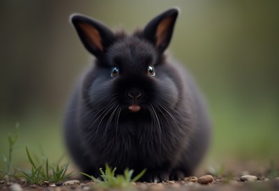 Black rabbit sitting on ground in gentle light