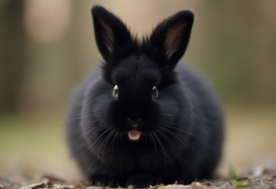 Cute black rabbit sitting in a green meadow during daytime