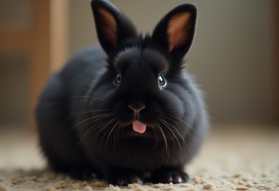 Cute black rabbit sticking out its tongue indoors