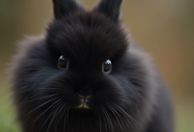 Black rabbit with fluffy fur close to the camera lens