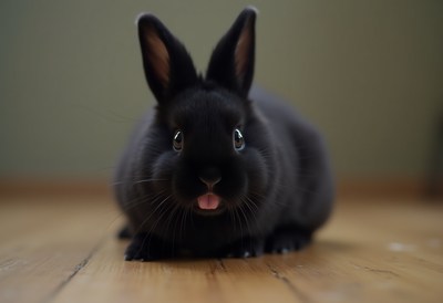 Black rabbit sitting on wooden floor in a cozy room