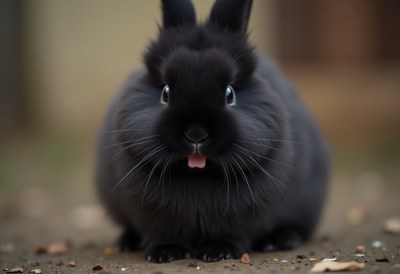 Black rabbit relaxing on the ground in a garden