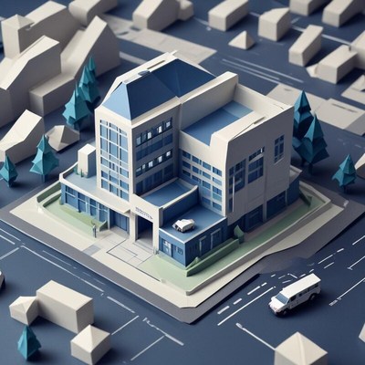 Modern building model in city landscape with roads