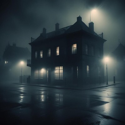 Mysterious building in foggy night setting