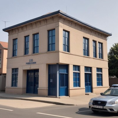 Historic building with blue trim in a city setting