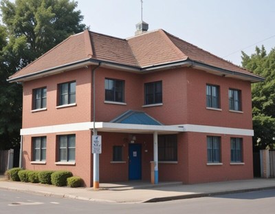Red brick building with blue door in a quiet area
