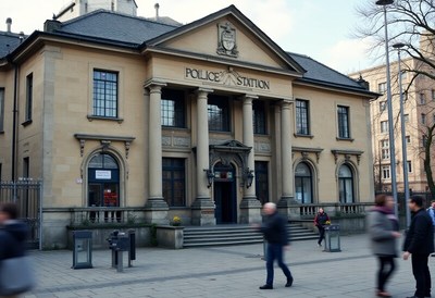 Historic police station in a busy city street