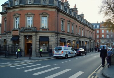 Traffic scene outside a historic building in the city