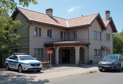 Police vehicles parked outside a building in a quiet area