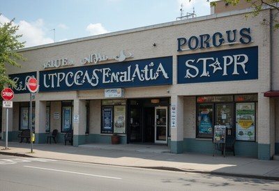 Unique storefront with artistic signs in a vibrant town